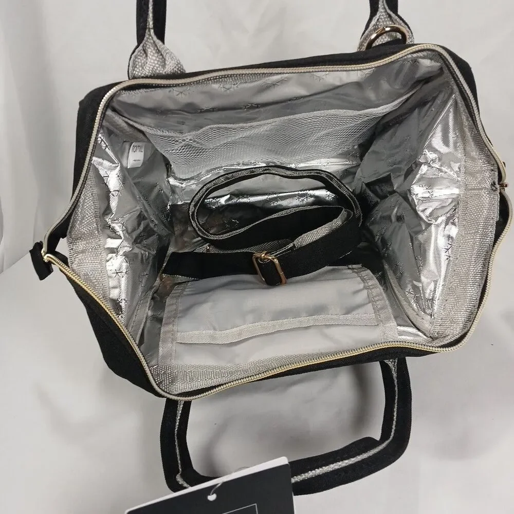 Tomill Insulated Cooler Lunchbox Tote Bag Black with Gold Zippers New Tags